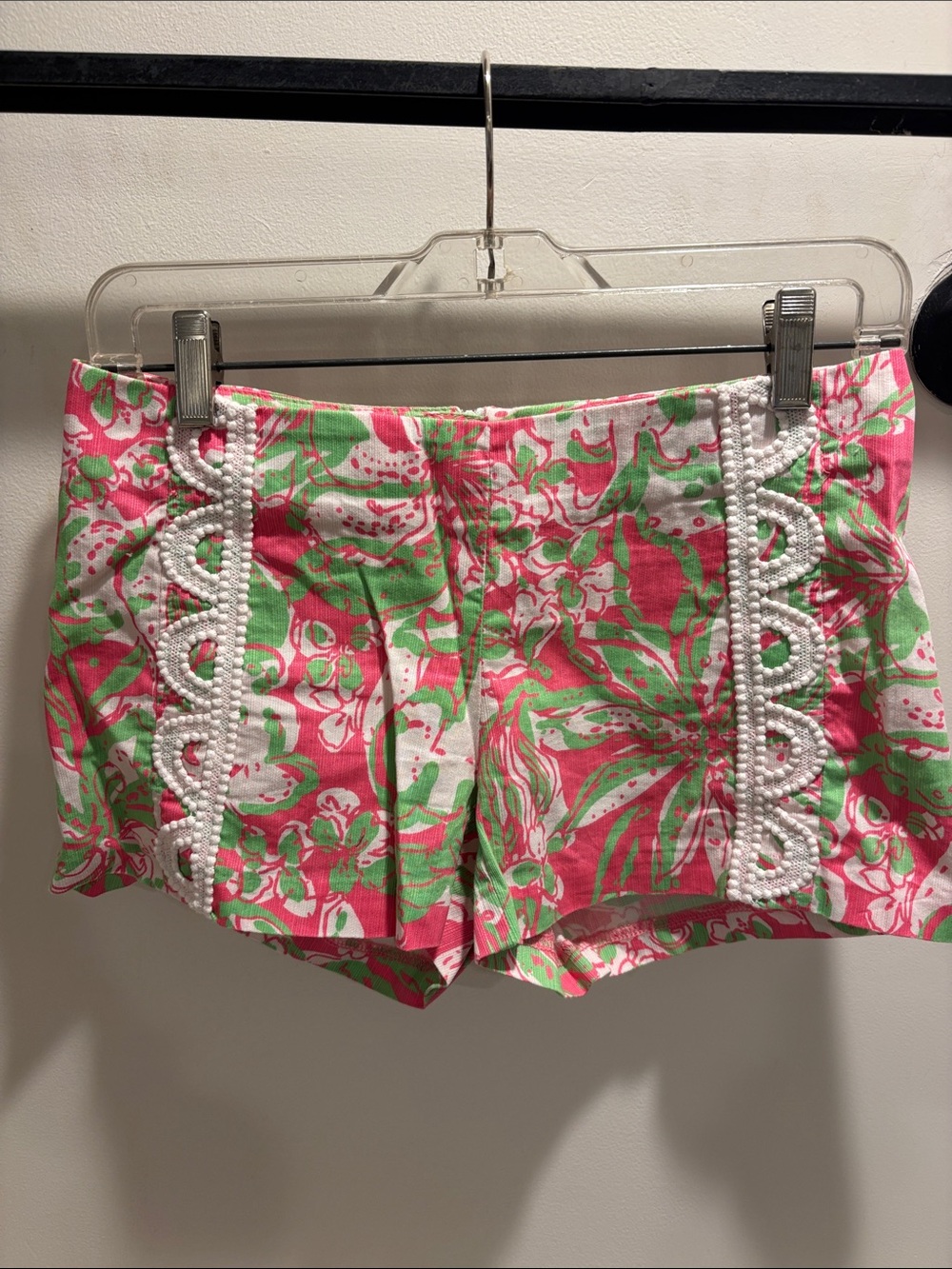 Lilly Pulitzer Pink & Green Floral High-Waist Shorts with White Beaded Trim